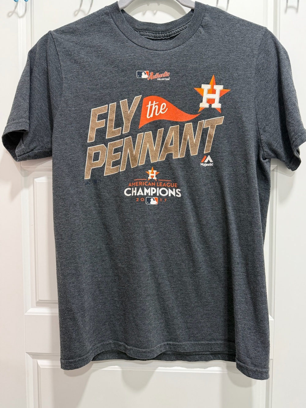 🦋 Majestic Gray and Orange Houston Astros 'Fly the Pennant' Tee